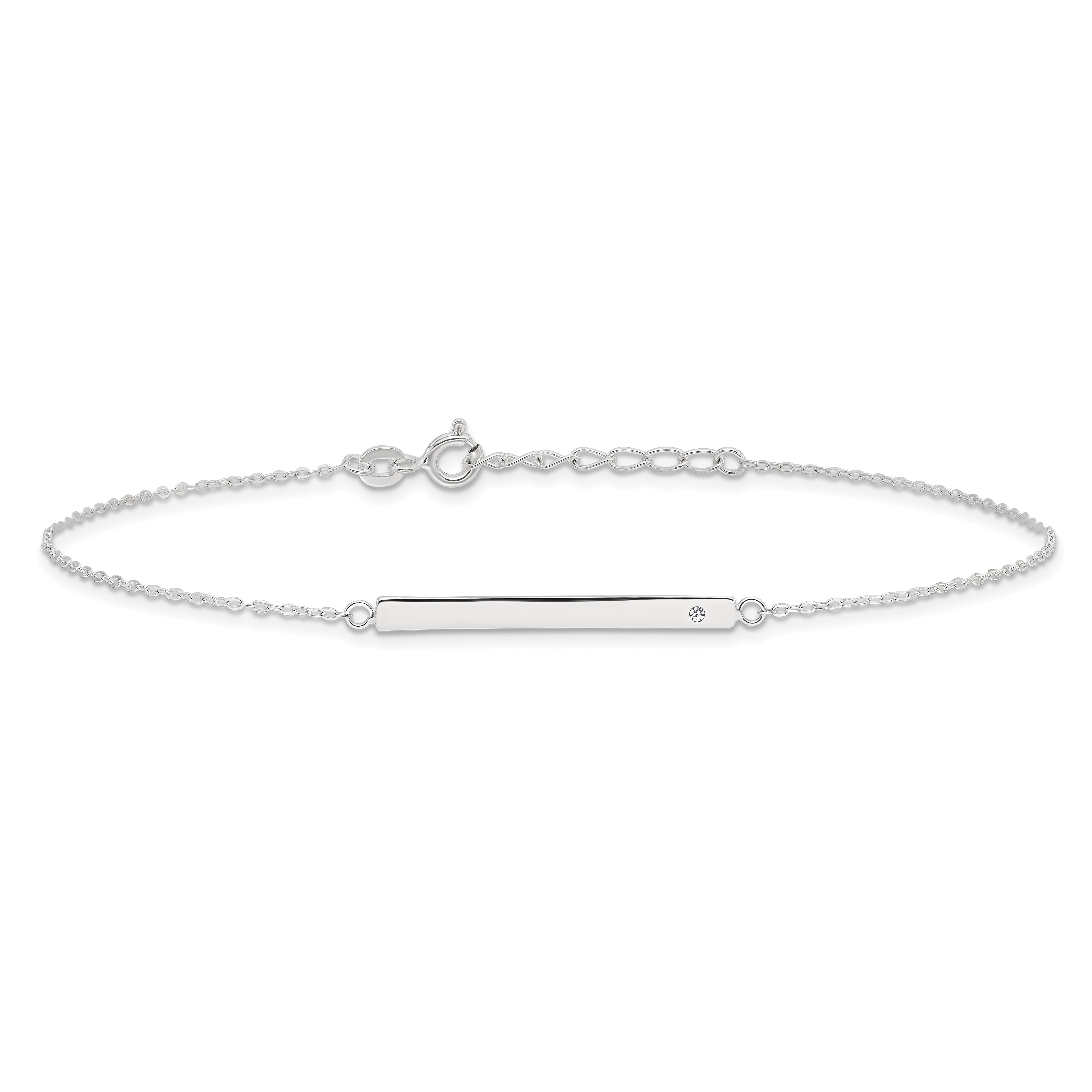 Sterling Silver Polished Crystal Bar 9In Plus 1In Ext Anklet