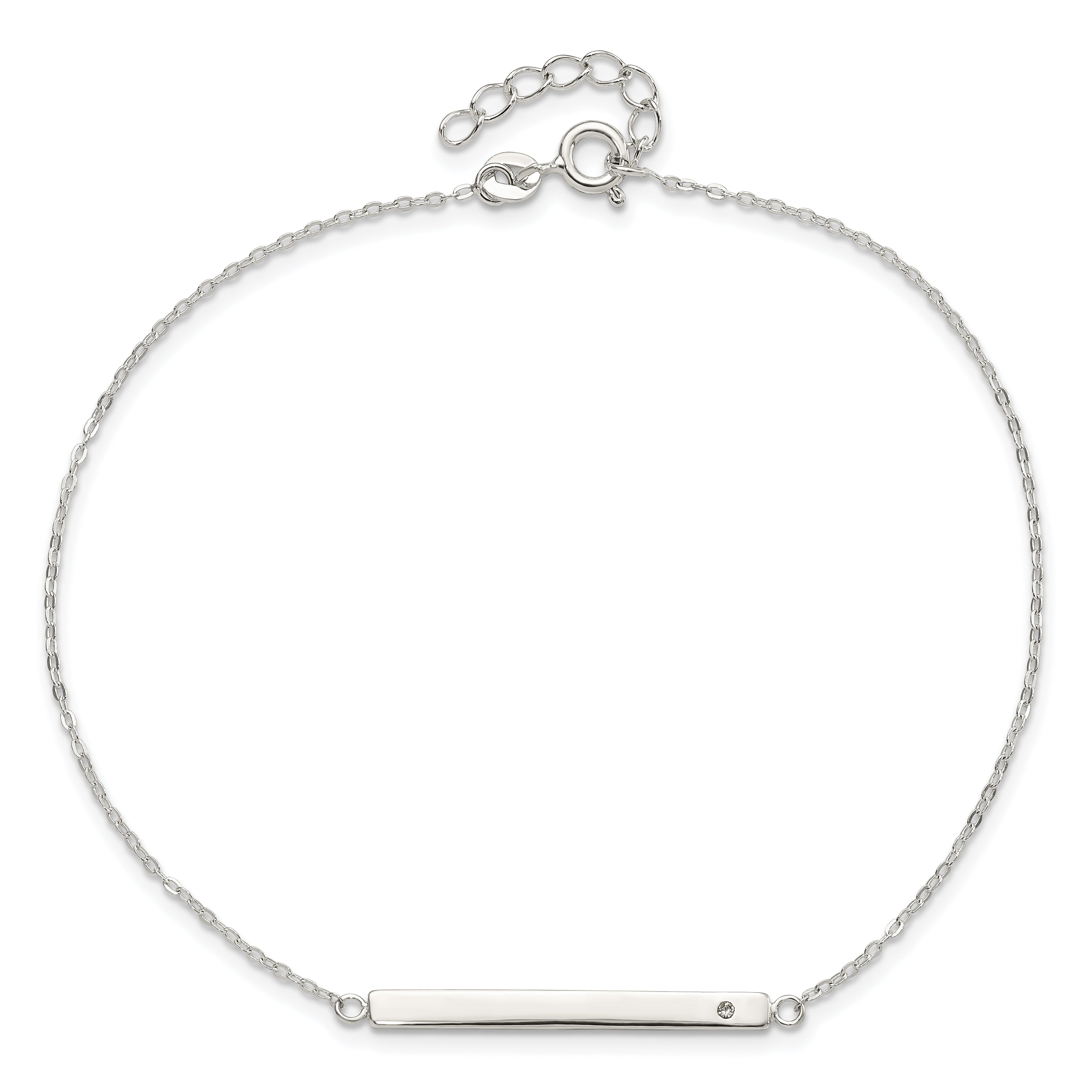 Sterling Silver Polished Crystal Bar 9In Plus 1In Ext Anklet