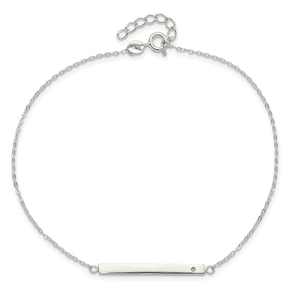 Sterling Silver Polished Crystal Bar 9In Plus 1In Ext Anklet