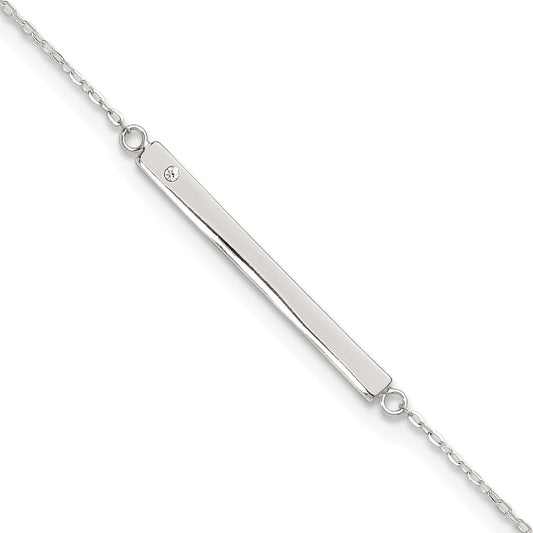Sterling Silver Polished Crystal Bar 9In Plus 1In Ext Anklet