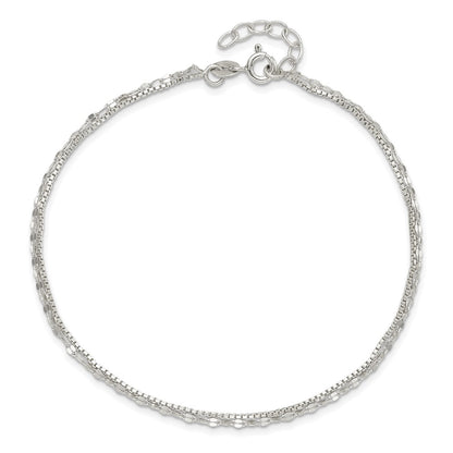9 Inch Sterling Silver 2-Strand 9In Plus 1 In Ext. Fancy Chain Anklet