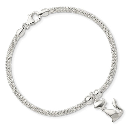 7.5 Inch Sterling Silver Polished Cz Cat Charm Bracelet