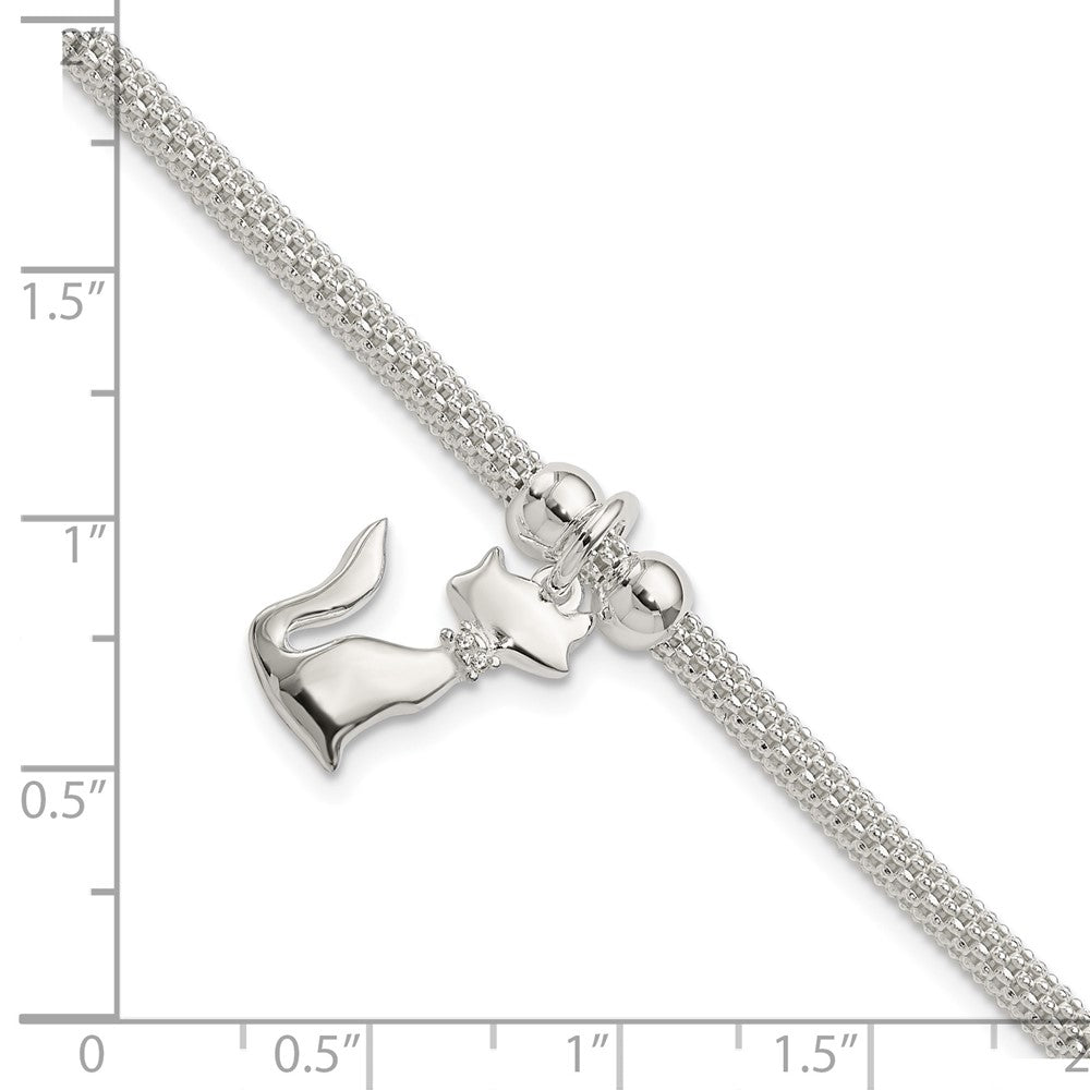 7.5 Inch Sterling Silver Polished Cz Cat Charm Bracelet