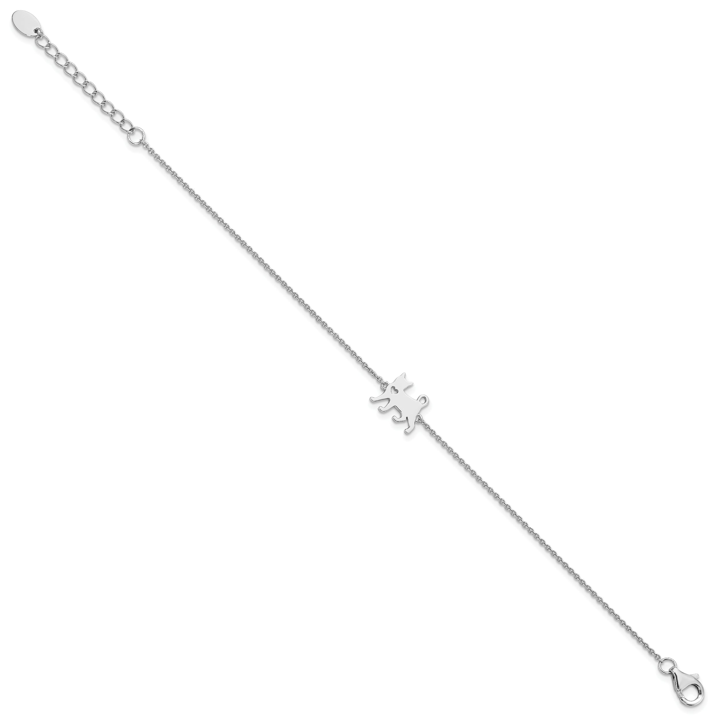 7 Inch Sterling Silver Rhodium-Plated Cat W/Heart 7In Plus 1In Ext Bracelet
