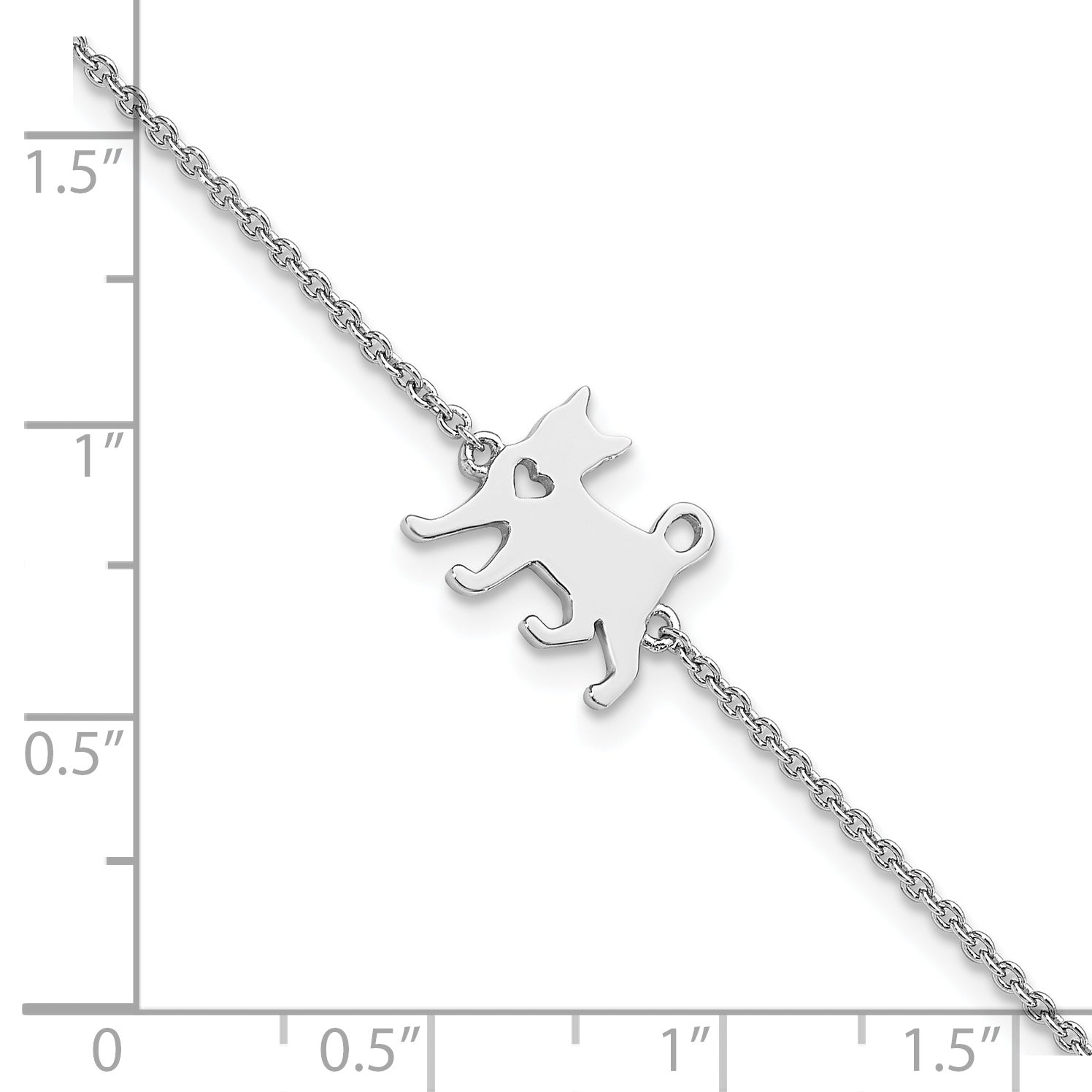 7 Inch Sterling Silver Rhodium-Plated Cat W/Heart 7In Plus 1In Ext Bracelet