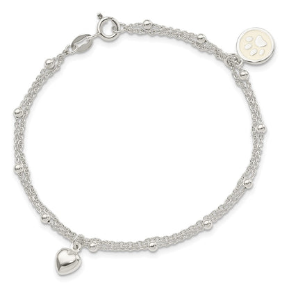 7.5 Inch Sterling Silver 2-Strand Heart And Enameled Paw Print Bracelet