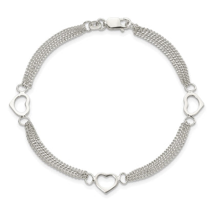 7 Inch Sterling Silver Polished Multi-Strand Heart 7In Bracelet
