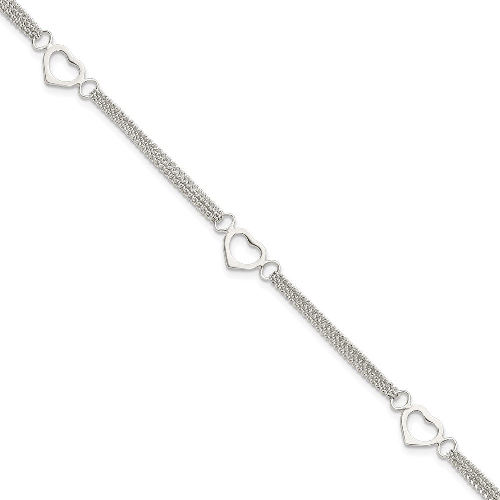 7 Inch Sterling Silver Polished Multi-Strand Heart 7In Bracelet