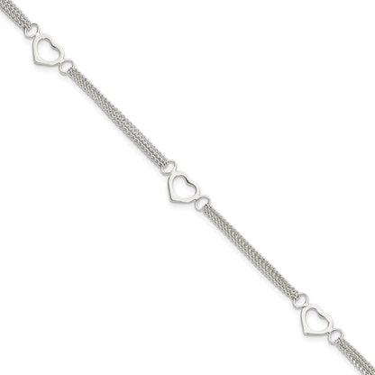 7 Inch Sterling Silver Polished Multi-Strand Heart 7In Bracelet