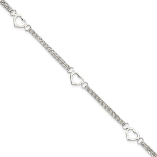 7 Inch Sterling Silver Polished Multi-Strand Heart 7In Bracelet