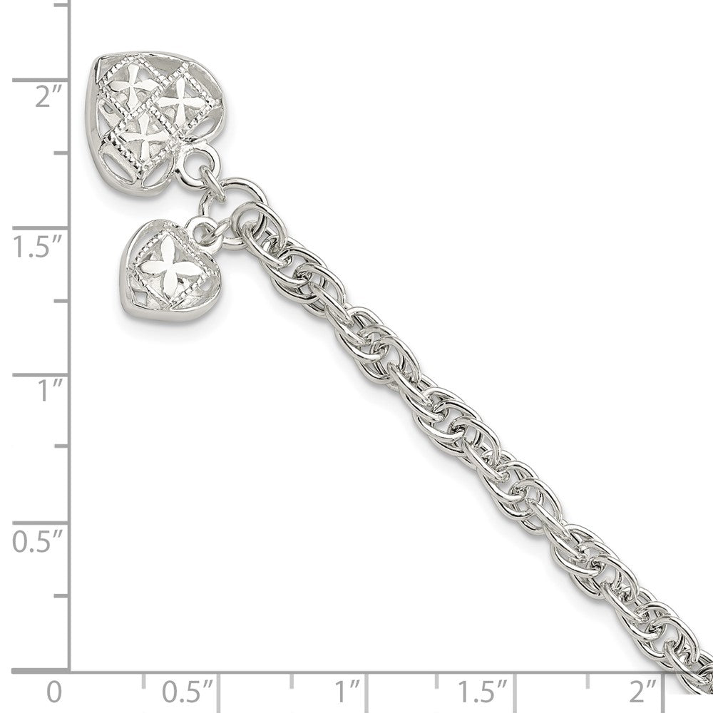 7.5 Inch Sterling Silver Polished Dbl Heart Dangle Bracelet