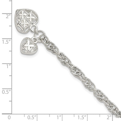 7.5 Inch Sterling Silver Polished Dbl Heart Dangle Bracelet