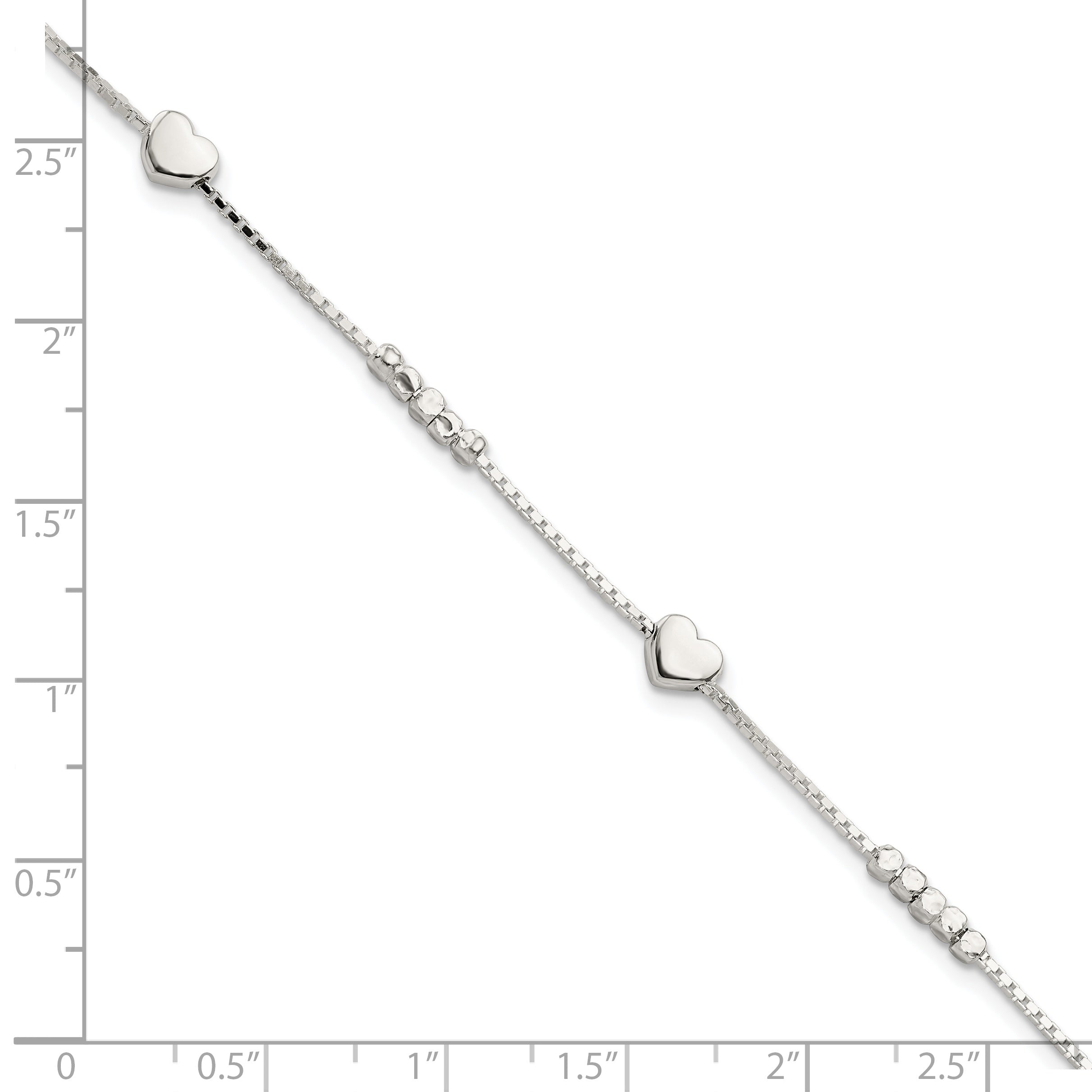 8 Inch Sterling Silver Fancy Bead & Heart W/ 1In Ext Bracelet