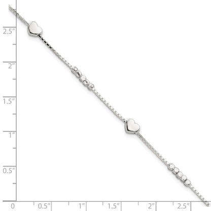 8 Inch Sterling Silver Fancy Bead & Heart W/ 1In Ext Bracelet