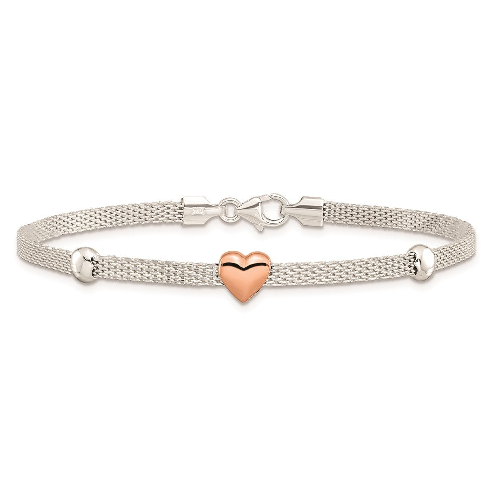 7.25 Inch Sterling Silver Polished Rose-Plated Heart Bracelet