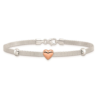 7.25 Inch Sterling Silver Polished Rose-Plated Heart Bracelet