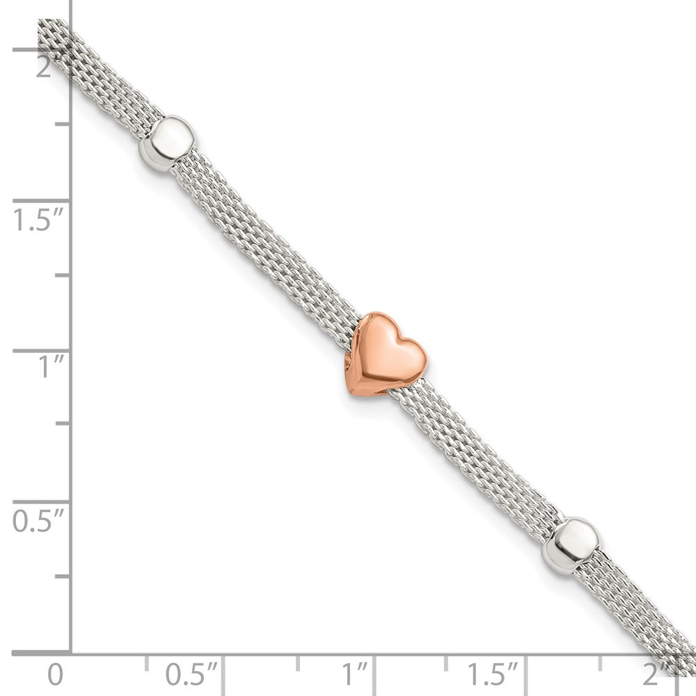 7.25 Inch Sterling Silver Polished Rose-Plated Heart Bracelet