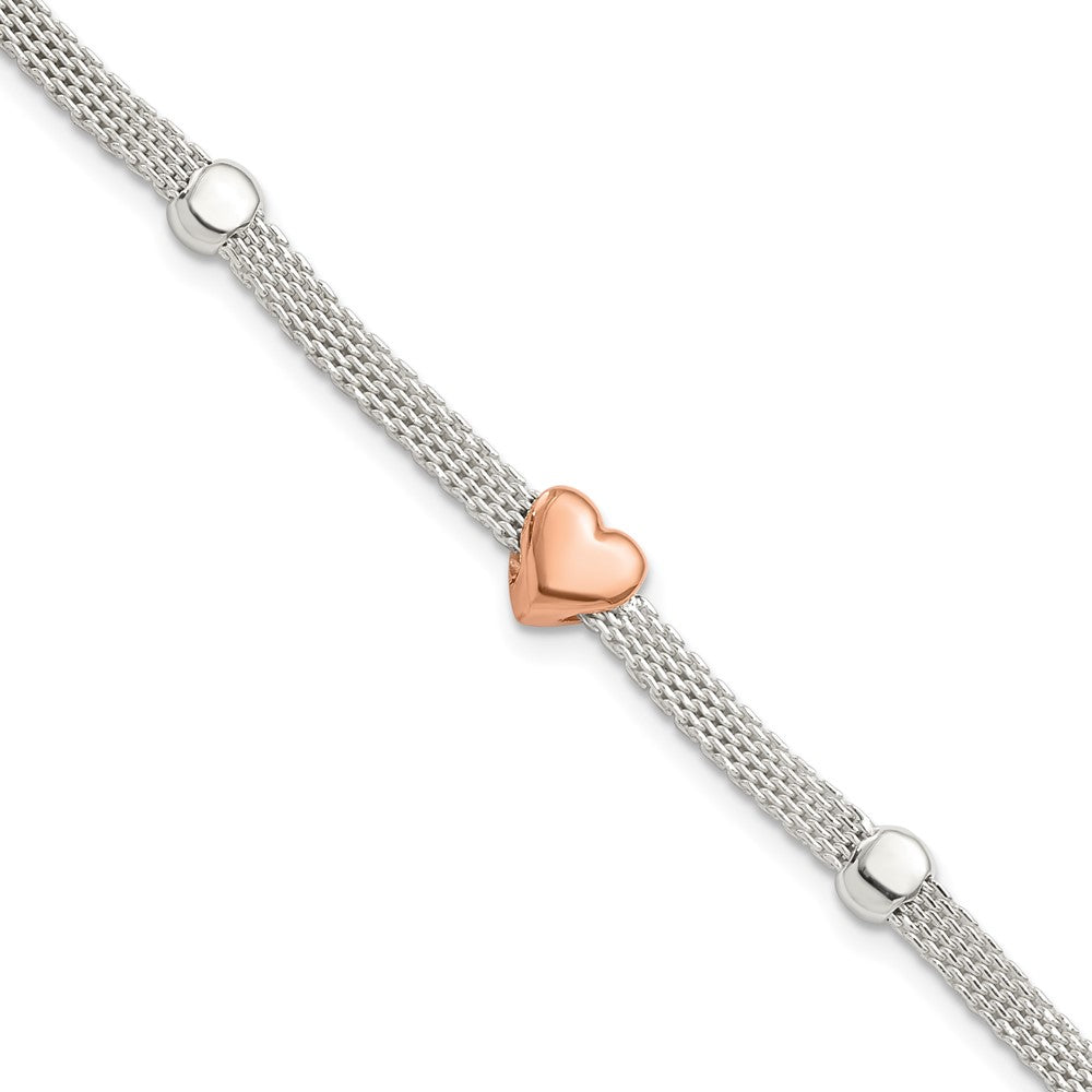 7.25 Inch Sterling Silver Polished Rose-Plated Heart Bracelet