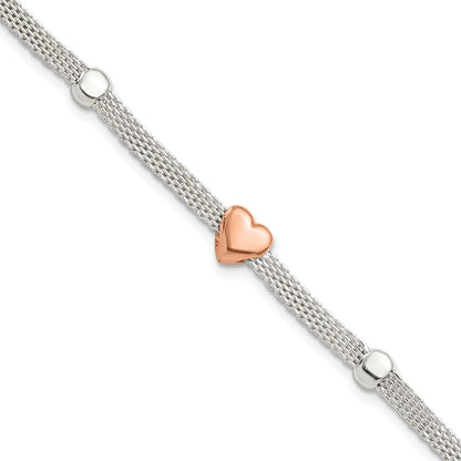 7.25 Inch Sterling Silver Polished Rose-Plated Heart Bracelet