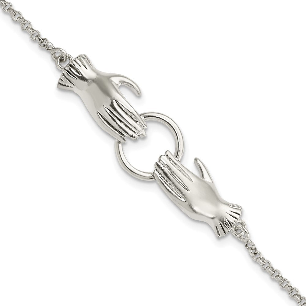 6.75 Inch Sterling Silver Polished Hands Holding Ring Bracelet