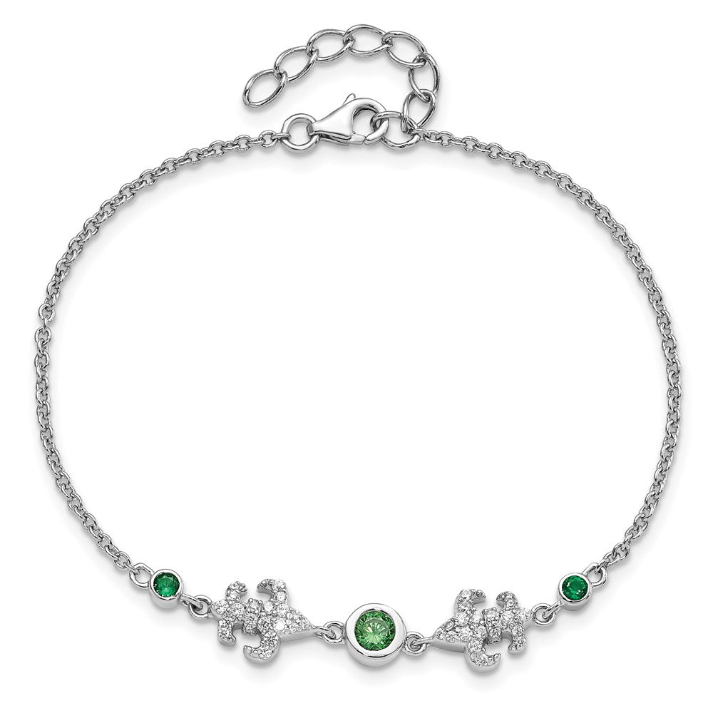 8 Inch Sterling Silver Rh-Plated Green & White Cz Fleur De Lis W/1In Ext. Bracelet