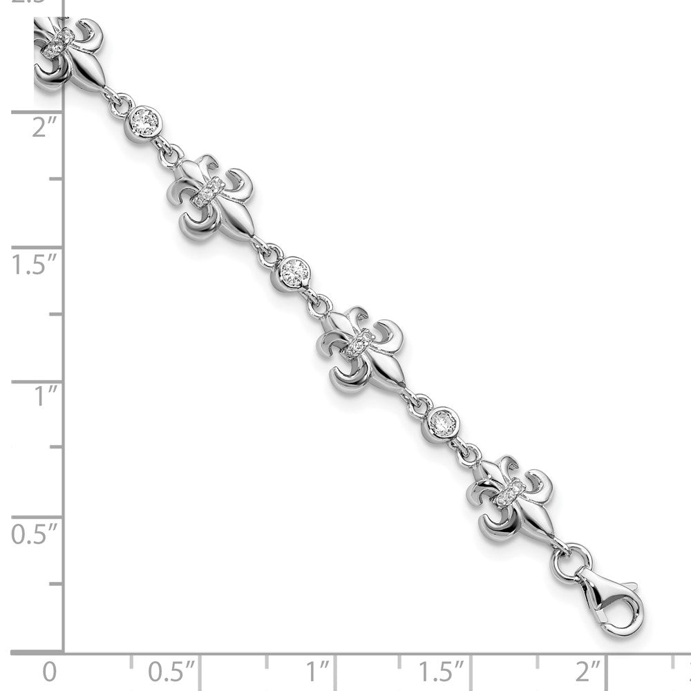 8 Inch Sterling Silver Rhodium-Plated Cz Fleur De Lis W/ 1In Ext. Bracelet