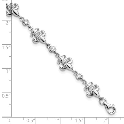 8 Inch Sterling Silver Rhodium-Plated Cz Fleur De Lis W/ 1In Ext. Bracelet