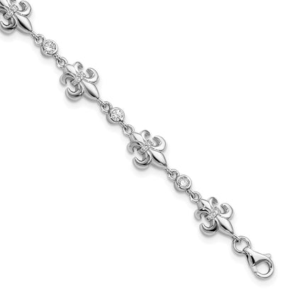 8 Inch Sterling Silver Rhodium-Plated Cz Fleur De Lis W/ 1In Ext. Bracelet