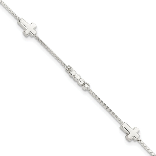 8 Inch Sterling Silver Fancy Bead & Cross W/ 1In Ext Bracelet