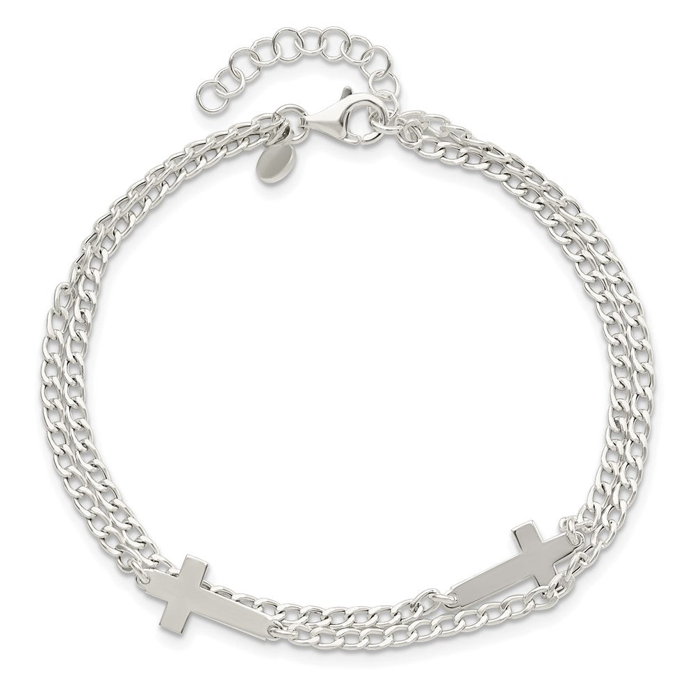 8 Inch Sterling Silver Double Cross 2-Strand W/1In Ext Bracelet