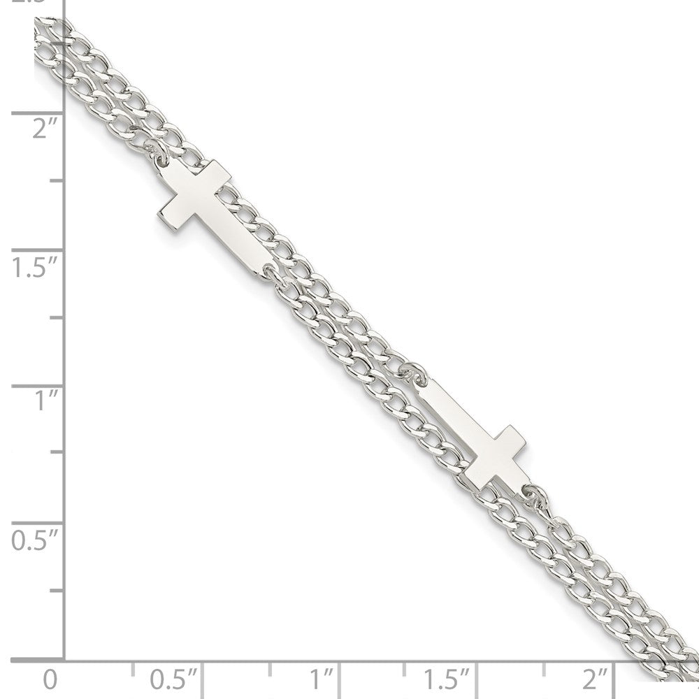8 Inch Sterling Silver Double Cross 2-Strand W/1In Ext Bracelet