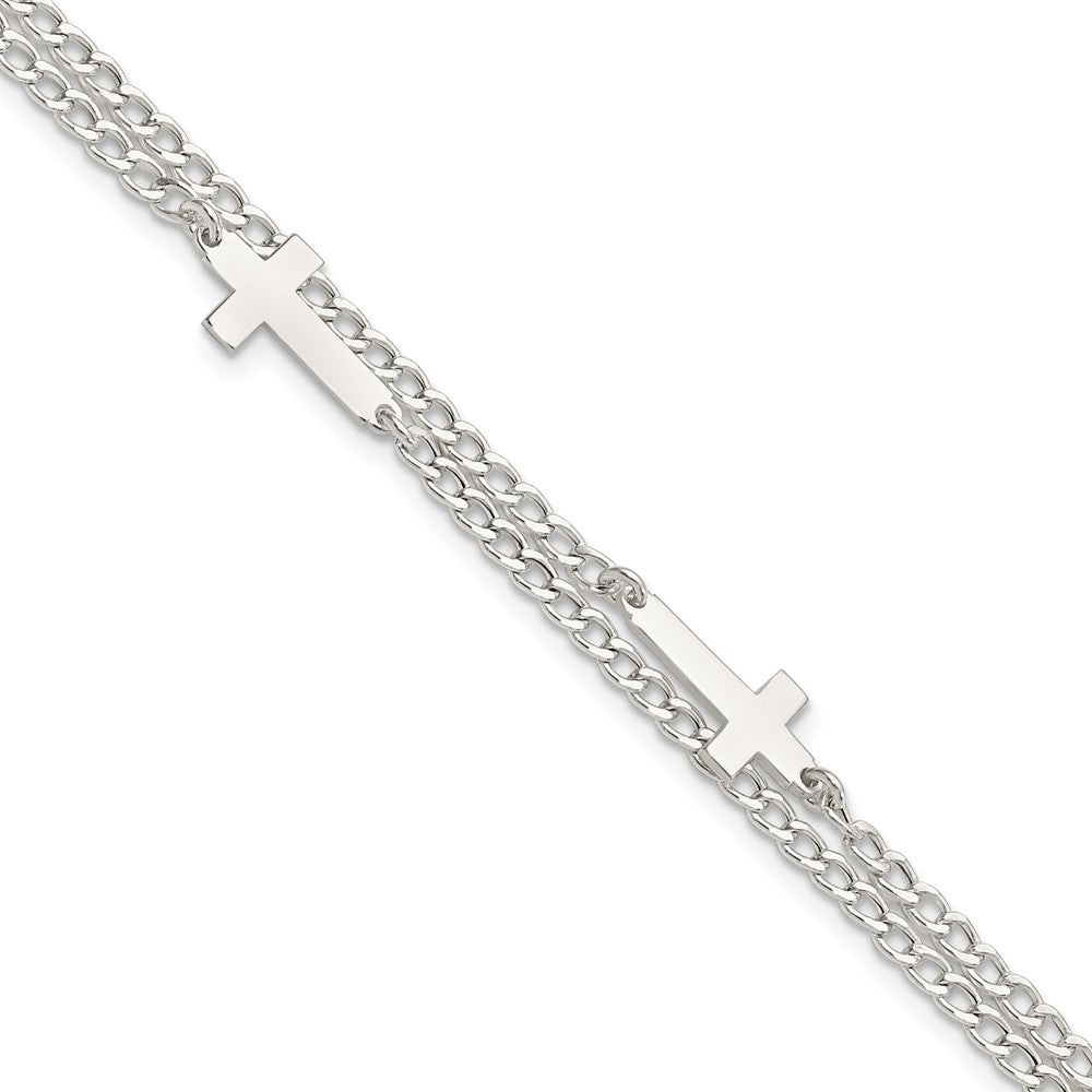 8 Inch Sterling Silver Double Cross 2-Strand W/1In Ext Bracelet