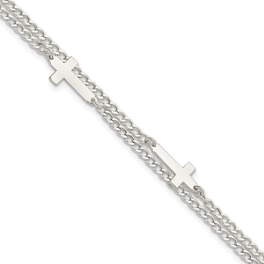 8 Inch Sterling Silver Double Cross 2-Strand W/1In Ext Bracelet