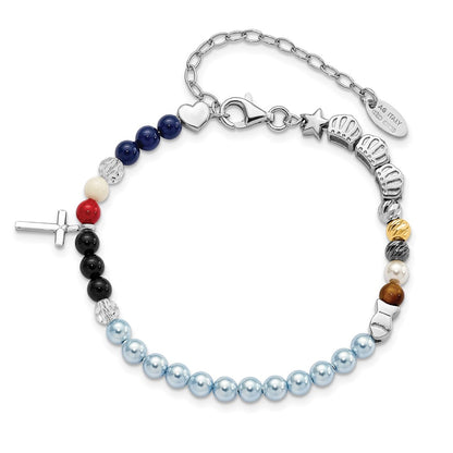 8 Inch Amen Sterling Silver Jesus' Story Multi Glass Pearl Onyx Agate Crystals Cross 6 Fancy Lobster Clasp Bracelet With 2 Extender
