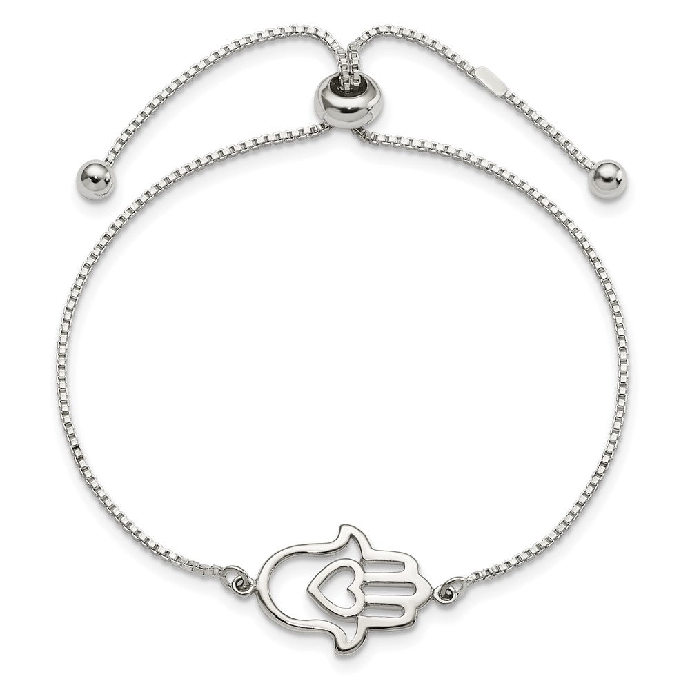 Sterling Silver Polished Heart Hamsa Adjustable Bracelet