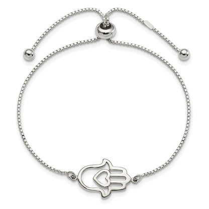 Sterling Silver Polished Heart Hamsa Adjustable Bracelet