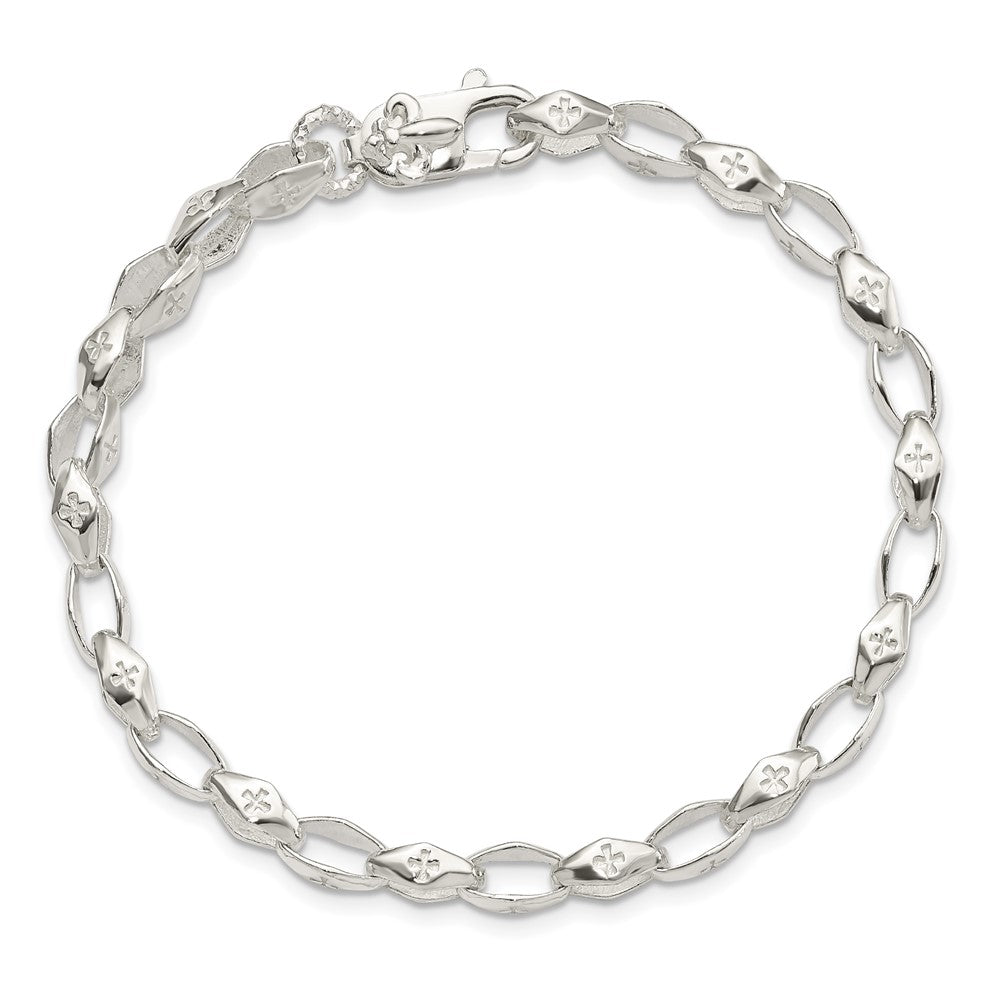 8 Inch Sterling Silver Polished Cross W/Fleur De Lis Clasp Bracelet