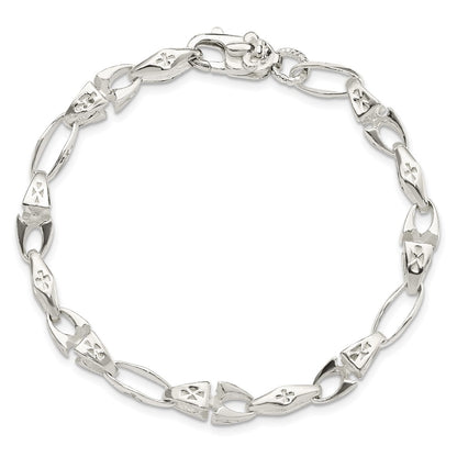 7.75 Inch Sterling Silver Polished Cross W/Fleur De Lis Clasp Bracelet