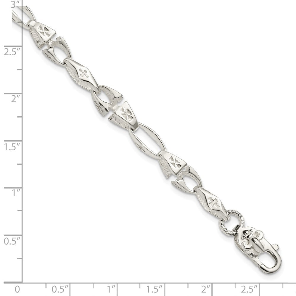 7.75 Inch Sterling Silver Polished Cross W/Fleur De Lis Clasp Bracelet