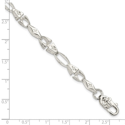 7.75 Inch Sterling Silver Polished Cross W/Fleur De Lis Clasp Bracelet
