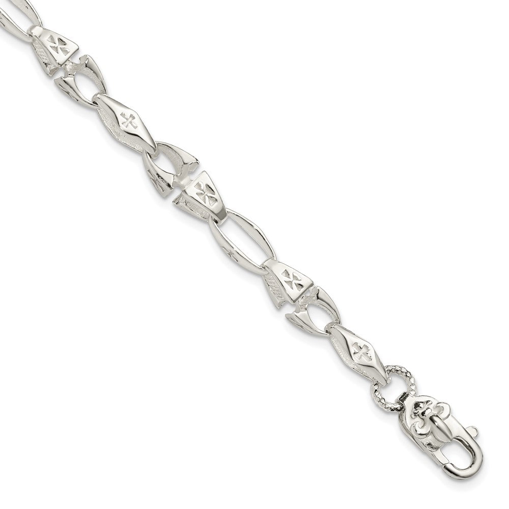 7.75 Inch Sterling Silver Polished Cross W/Fleur De Lis Clasp Bracelet