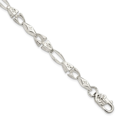 7.75 Inch Sterling Silver Polished Cross W/Fleur De Lis Clasp Bracelet