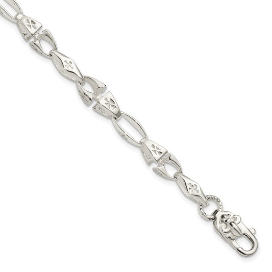 7.75 Inch Sterling Silver Polished Cross W/Fleur De Lis Clasp Bracelet