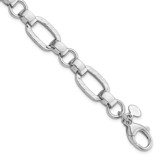 7.5 Inch Sterling Silver Rhodium-Plated Polished/Hammered Oval Link Bracelet