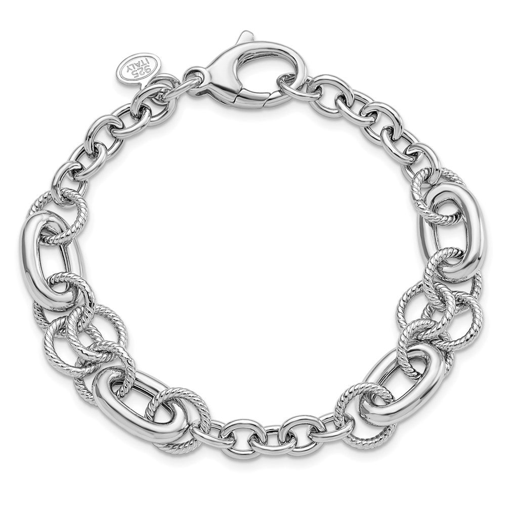 7.75 Inch Sterling Silver Rhodium-Pltd Fancy Textured Link Bracelet