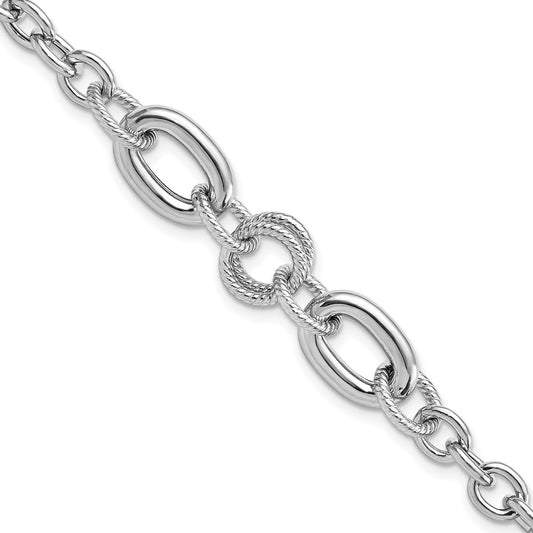 7.75 Inch Sterling Silver Rhodium-Pltd Fancy Textured Link Bracelet