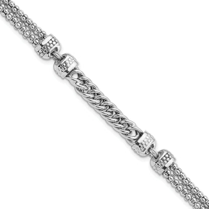 7.5 Inch Sterling Silver Rhodium-Plated Polished Fancy Beaded/Curb Bracelet