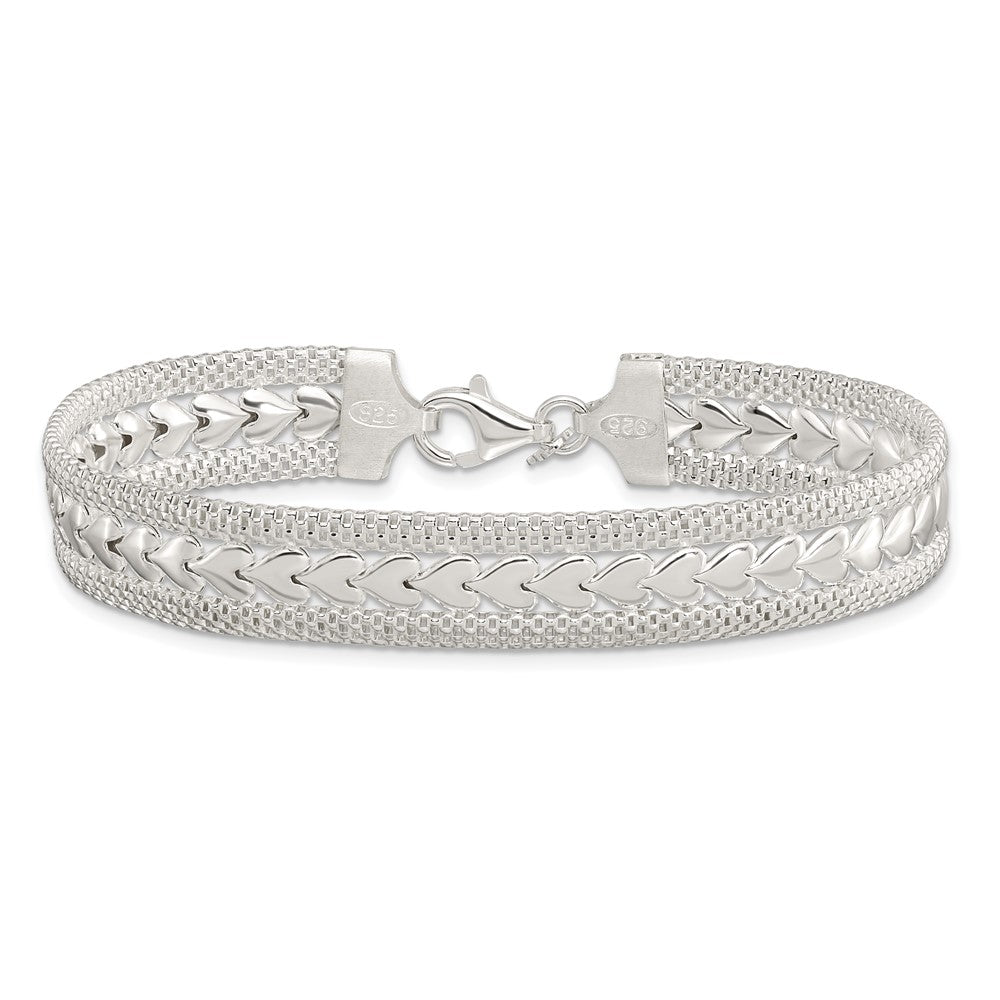 7.5 Inch Sterling Silver Polished Textured Heart Bracelet