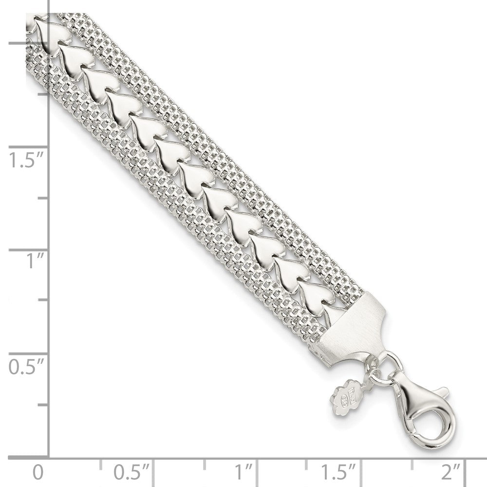 7.5 Inch Sterling Silver Polished Textured Heart Bracelet