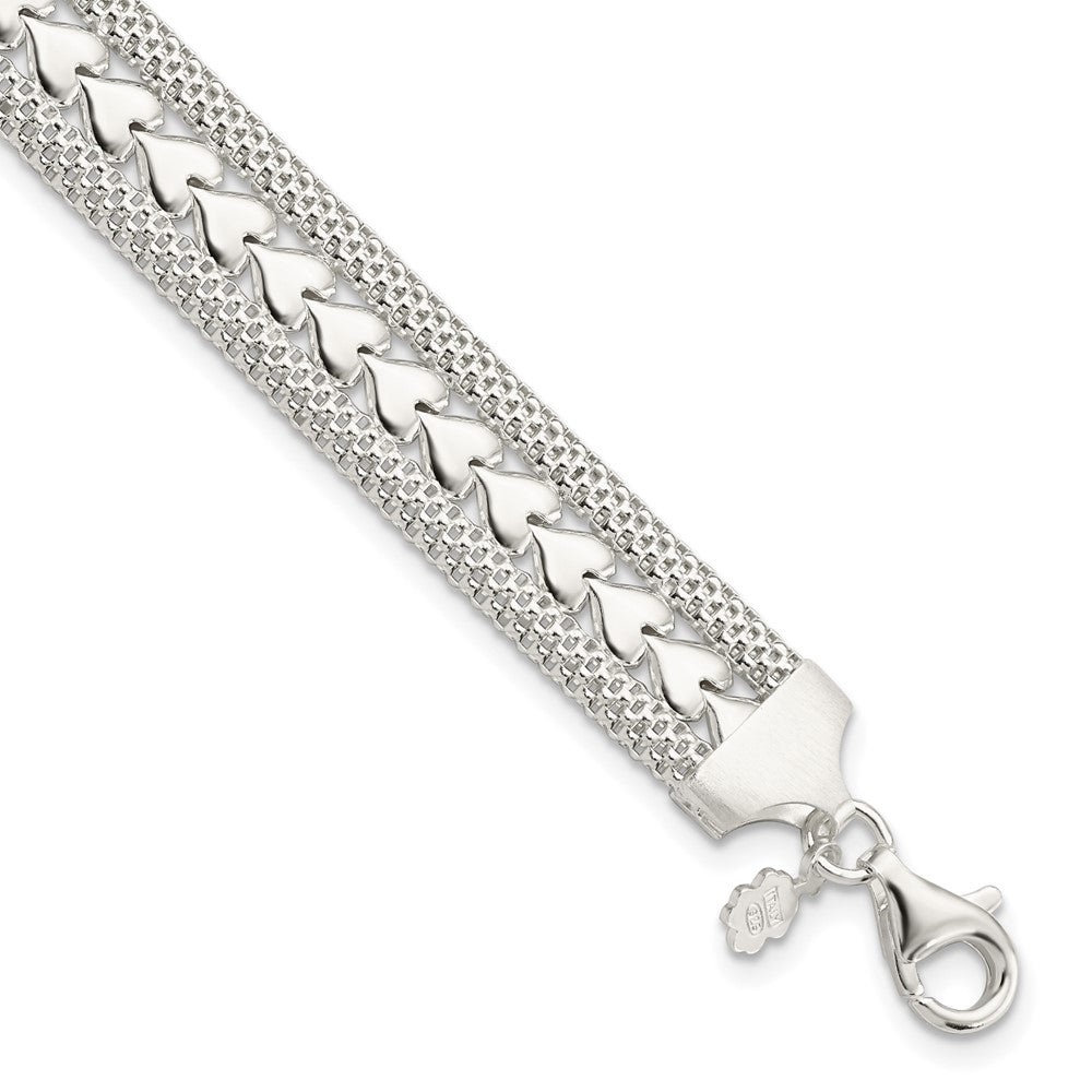 7.5 Inch Sterling Silver Polished Textured Heart Bracelet
